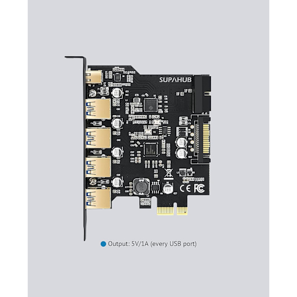 PCI-E till USB 3.0-kort 4 typ A och 1 typ C USB 3.0 5-portars, USB 3.1 Gen1 PCI Express-kort Bandbredd upp till 5,0 Gbps