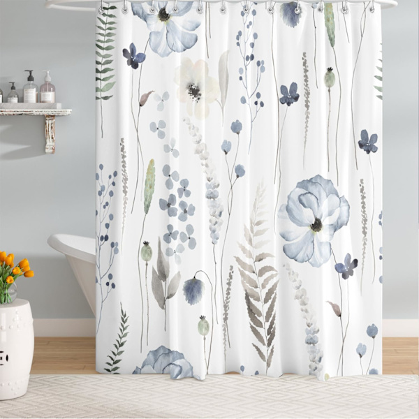 Blommig duschdraperi 72 x 72 tum, vattentät tygblommor duschdraperi för badrum, minimalistisk vildblomma duschdraperi