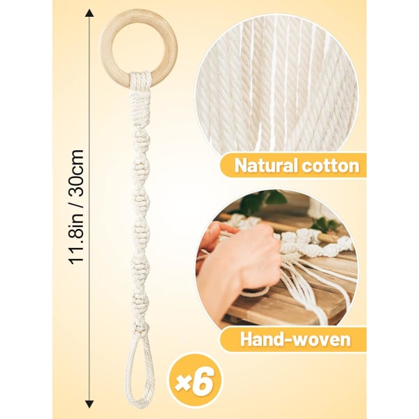6-pack Macramé-växtupphängningsförlängare - Hållbar repväxtupphängningsförlängare med träögla Handvävd växtkorgförlängare