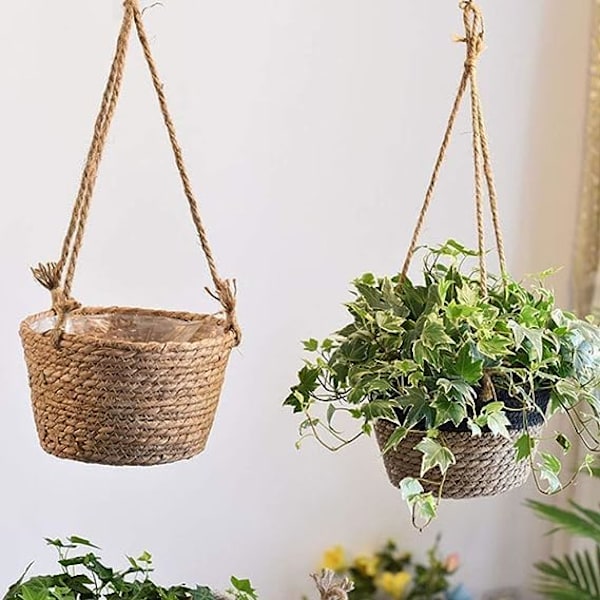 Hängande blomkruka, blomkorg i jute, korg i rotting, blomkruka, kaffe coffee