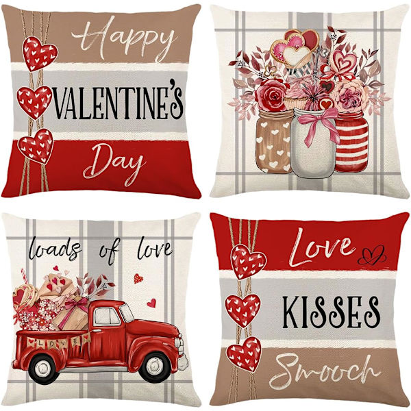 Valentine's Day örngott 18x18 Set om 4 Vår bondgårdsinredning Röda prydnadskuddfodral Hjärtformade dekorativa prydnadskuddfodral (18\" x 18\", Färg B)