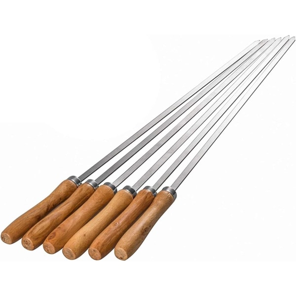 16,5 tum/42 cm platta kebabspett i rostfritt stål med trähandtag platta BBQ-spett i metall för grillning, set med 6