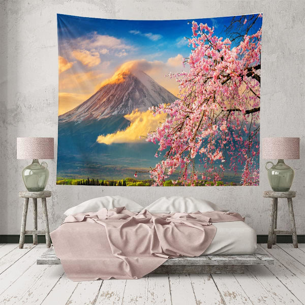 Japansk rosa Sakura-gobeläng med körsbärsblommor, berg Fuji, Japan, väggbonader för sovrum, vardagsrum, sovsal, man cave-bakgrund (60x40 tum)