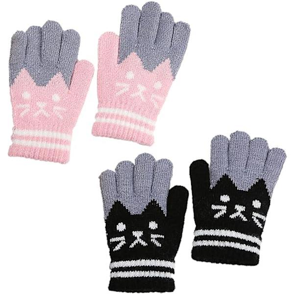 Söta kattvantar i sammet, mjuka och varma, för utomhusbruk, skola, stickade, stretchiga, helfingervantar för pojkar och flickor i åldrarna 3-8 (svart rosa)