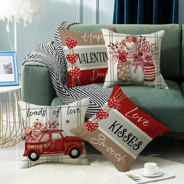 Valentine's Day örngott 18x18 Set om 4 Vår bondgårdsinredning Röda prydnadskuddfodral Hjärtformade dekorativa prydnadskuddfodral (18\" x 18\", Färg B)