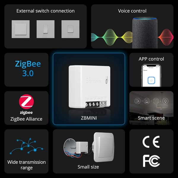 ZigBee Mini Smart Switch, 2-vägs ljusströmbrytare, ZigBee 3.0 Gateway Hub krävs, Neutral Wire krävs