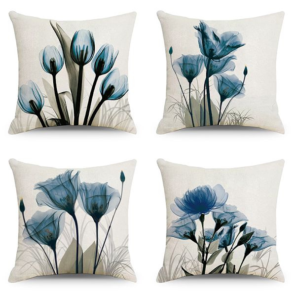 Set om 4 kuddfodral 18x18in Blå Blom Linne Modern Konst Dekorativa Örngott 45 x 45cm för Vardagsrum Soffa Utomhus Örngott