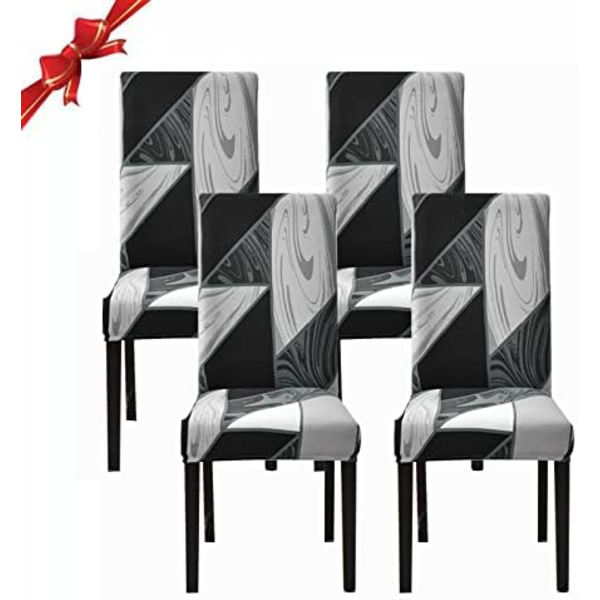 Matstolsöverdrag Set med 4, Stretchstolsöverdrag för matstolar, Stolöverdrag (svart geometri, 4 st)