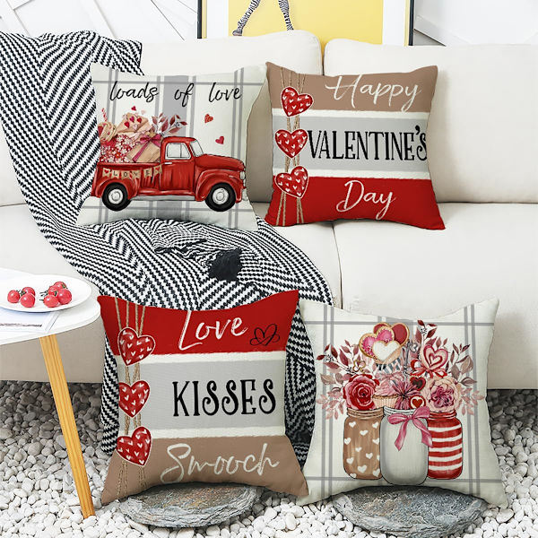 Valentine's Day örngott 18x18 Set om 4 Vår bondgårdsinredning Röda prydnadskuddfodral Hjärtformade dekorativa prydnadskuddfodral (18\" x 18\", Färg B)