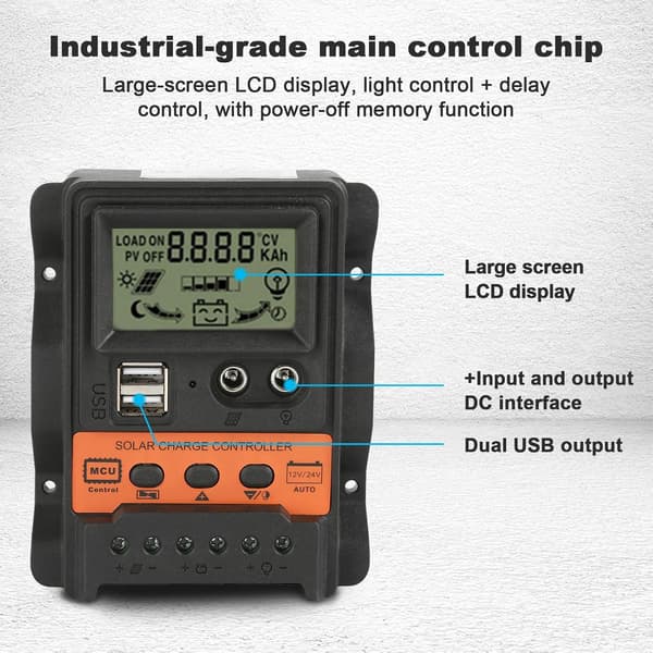 Solcellsregulator, Solpanel Regulator PWM 12V 24V 30A 5V Utmatning Solpanel Laddningsregulator med LCD Dubbel USB