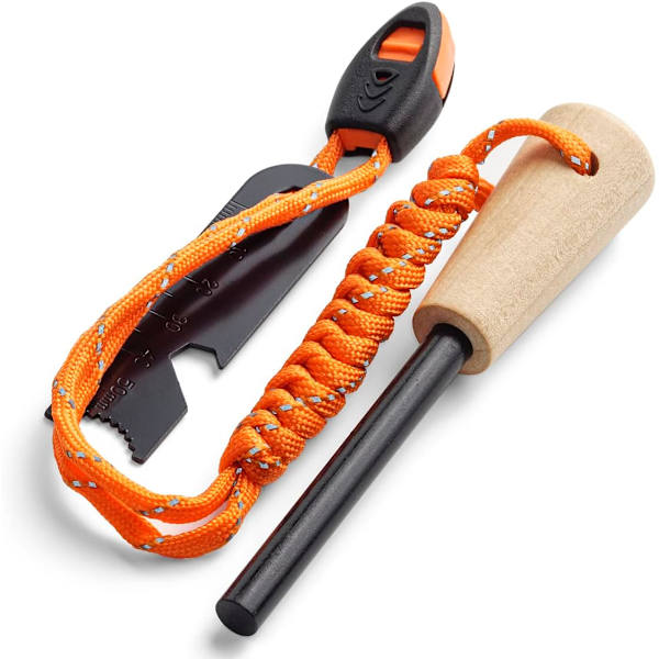 Firesteel Fire Starter, Magnesium Survival Flint and Steel Kit, Flint Striker Multi Tool & Chunky Wooden Handle