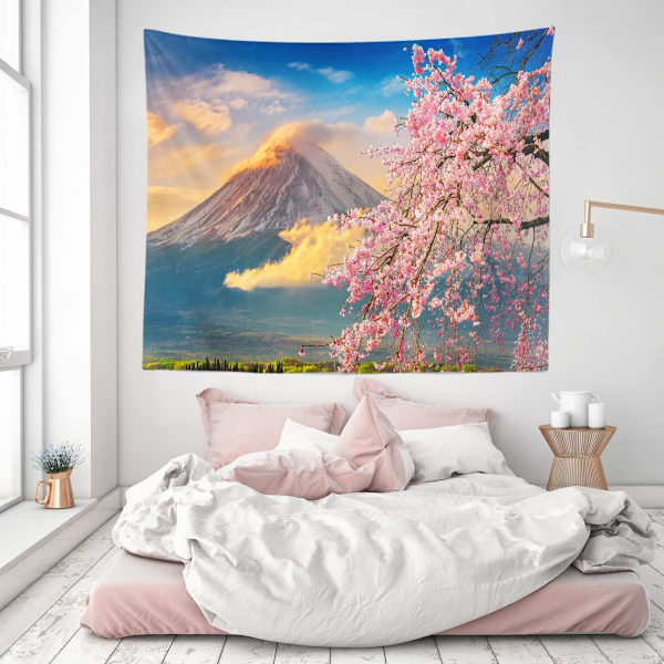 Japansk rosa Sakura-gobeläng med körsbärsblommor, berg Fuji, Japan, väggbonader för sovrum, vardagsrum, sovsal, man cave-bakgrund (60x40 tum)