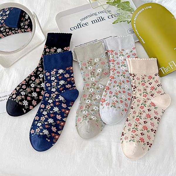 5 par dam vintage blommiga bomullssockor mönstrade klänningssockor damer broderade casual crew ankelsockor