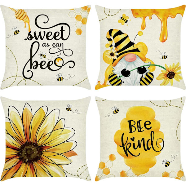 4 st Bee Kuddfodral 45x45cm Solros Honung Gul Dekorativa kuddfodral Örngott till soffa