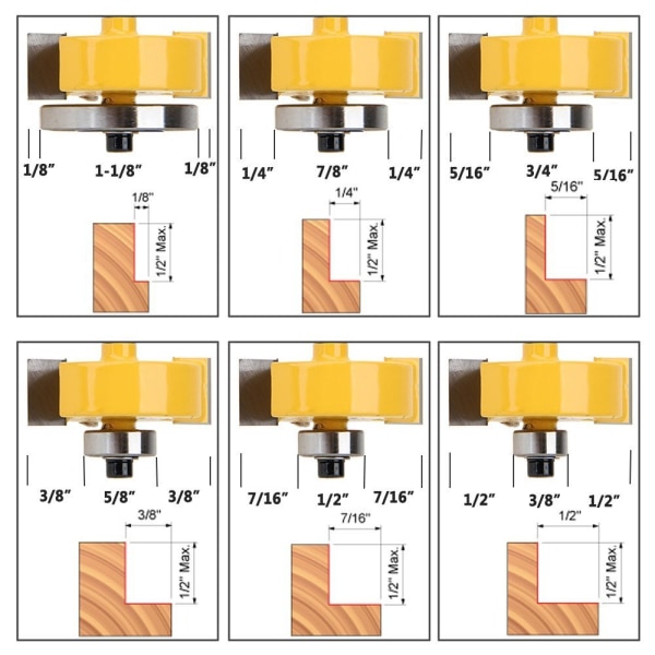 1/4 tums skaft spårfräs med 6 lagerset för flera djup