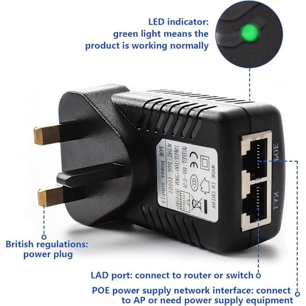 48v 0.5A POE-injektoradapter Strömförsörjning UK Väggkontakt Power over Ethernet för 48V POE-enhet