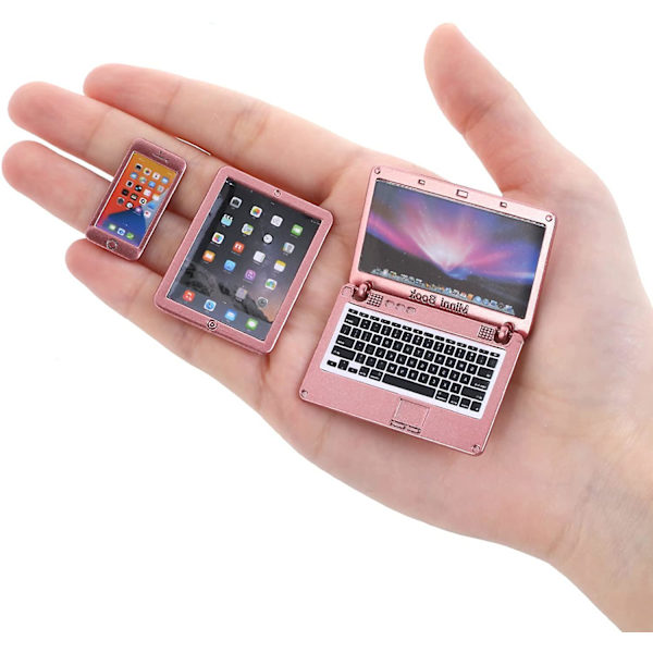 3 st 1:12 Dockhus Mini Bärbara Datorer Set, Surfplatta Smartphone Scen Simulering Tillbehör (Ros Guld)