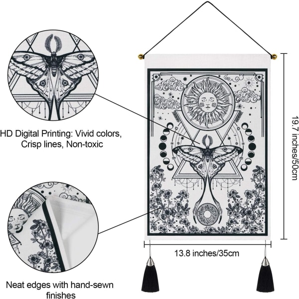Små gobelänger med tofsar, måne och sol fjäril mal tarot gobeläng väggbonad, 35 x 50 cm 2-pack