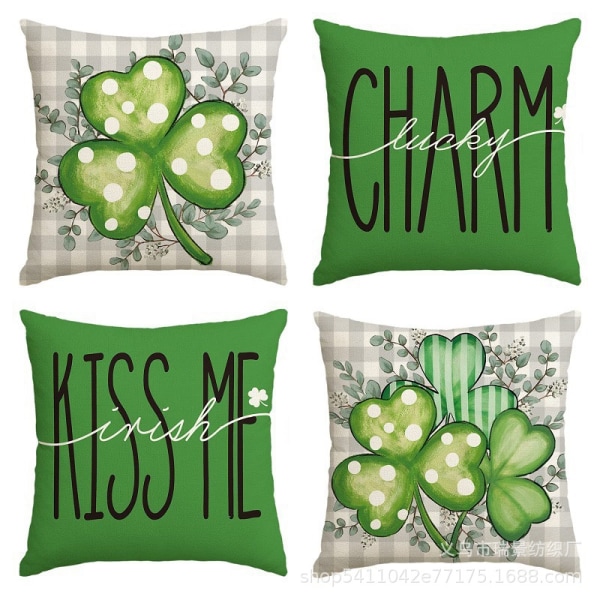 4 st Lyckoklöver St Patricks Day Buffalo Plaid Kuddfodral, 18 x 18 tum Kiss Me Irish Clover Kuddfodral Dekoration för Soffa Soffan