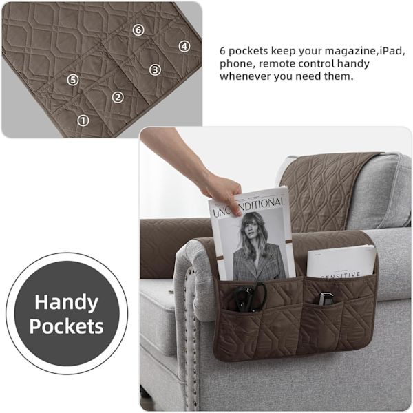 Soffa Armstödsskydd, Anti-Slip Huvudstödsöverdrag Förlängd Soffa Armstöd Förvaringsorganisatör med Fickor Quiltad Möbelskydd (Taupe, 1 Säte, 3 Stycken)