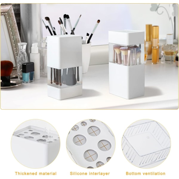 Makeupborsthållare med lock, transparent dammtät kosmetisk borsthållare (vit)
