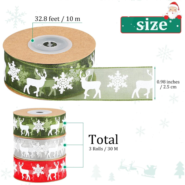 3 rullar 30 M julband Presentförpackningsband Organzaband Presentförpackning, 25 mm