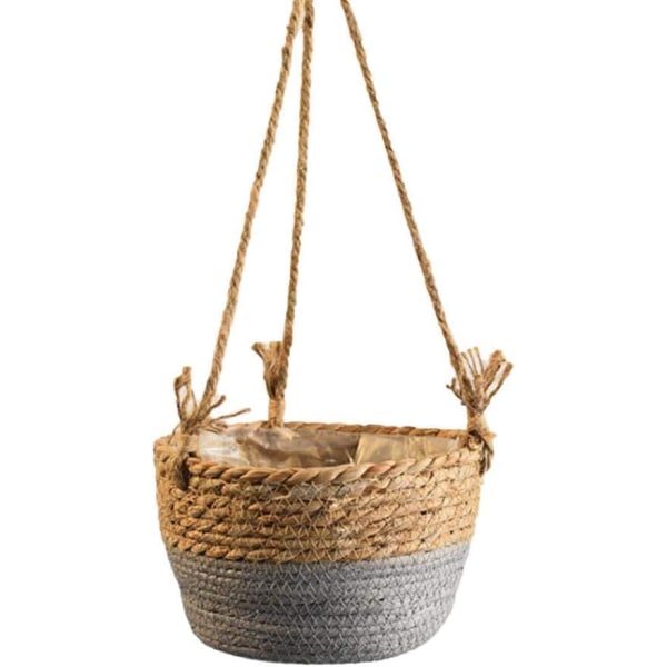 Hängande blomkruka, blomkorg i jute, korg i rotting, grå grey
