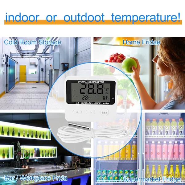 Kyl- och frystertermometer, hög- och lågtemperaturlarm, extra sensor