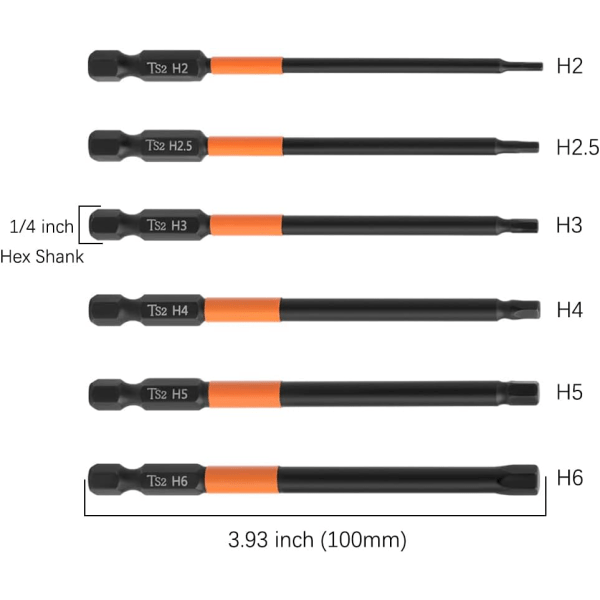 6-delad magnetisk insexnyckelborrsats, 1/4-tums sexkantsfäste metrisk slagsexkantsskruvmejselbitssats, 3,93 tum