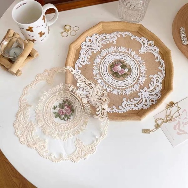 Retro franska spetsdukar, blomsterbroderade underlägg, underlägg för vaser, heminredning, 28 cm, beige beige