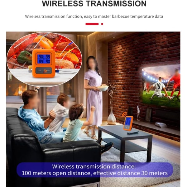 Trådlös kötttermometer med 4 sonder 328 ft lång räckvidd LCD-bakgrundsbelysning Display Nedräkningstimer
