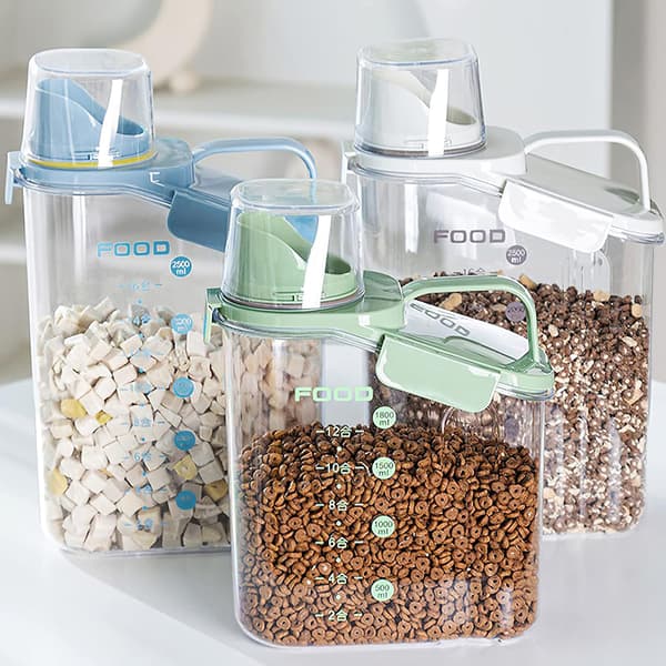 Förseglad köksförvaringslåda i plast med snäpplock, dispenser för torrfoder, lämplig för mjöl, socker, ris, havre, BPA-fri, 2000 ml, blå