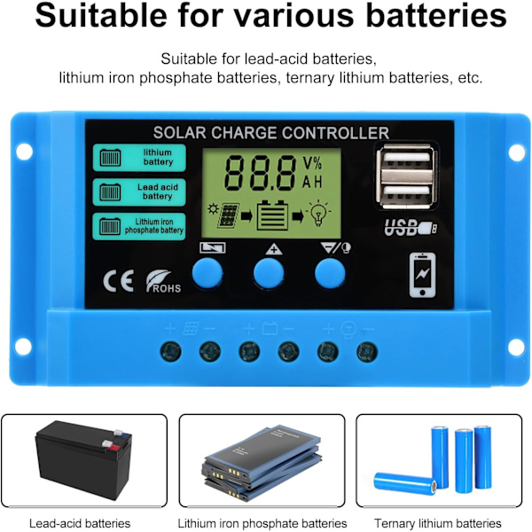 30A solcellsladdningsregulator, 12V/24V solpanelbatteriregulator med dubbel USB-port och LCD-display lämplig