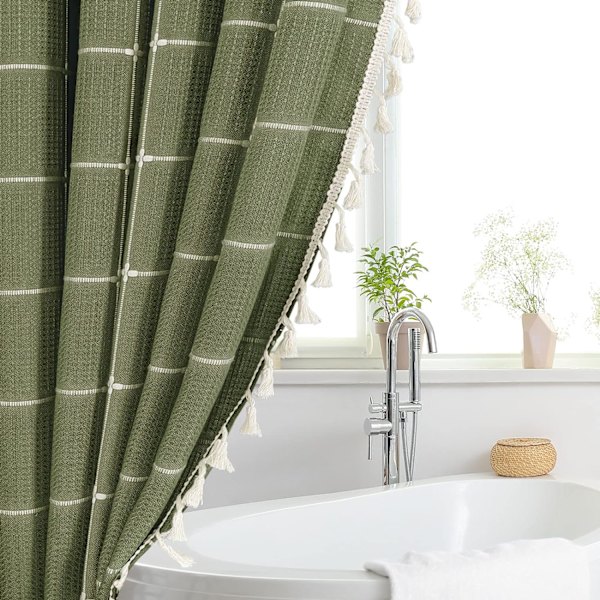 Grön Boho Farmhouse Duschdraperi med Tofs, Boho Chic Modern Badrumsdekor Duschdraperi Set med Krokar, 72x72