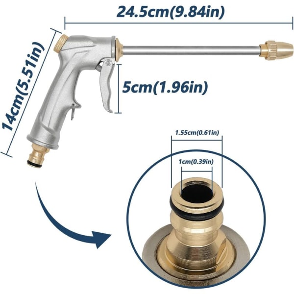 Metallvattenpistol, Högtrycksträdgårdsspruta, Enkel flödeskontrollknapp - 100% Metall - Trädgård Gräsvattning