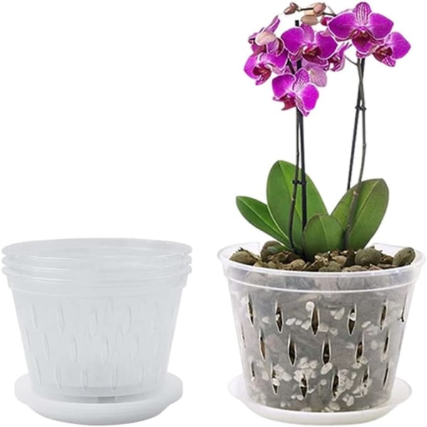 Orkidékruka, plantskolekrukor, orkidékrukor i klar plast med dräneringshål och brickor Orkidé 5 st