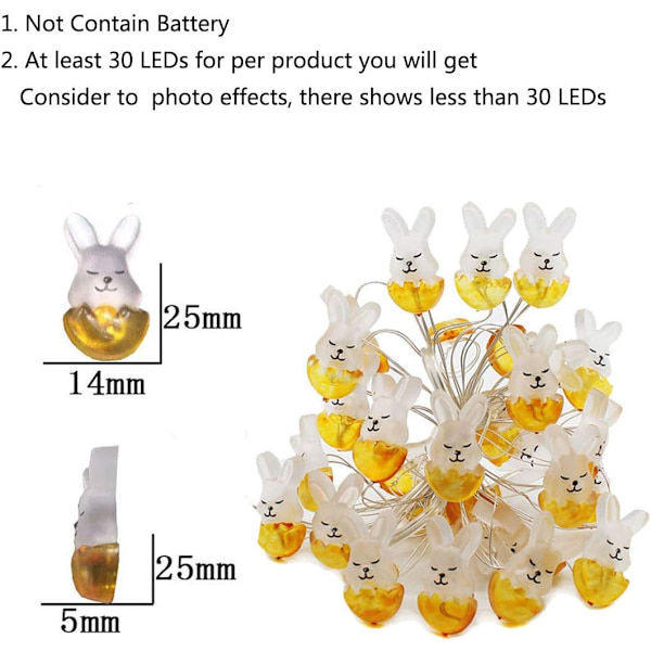 10ft 30 LED Kanin Påsk Koppartråd ljusslinga Batteridriven för påskutställning Sovrumsvägg Balkong Trädgård DIY Fest Heminredning, Varmvit