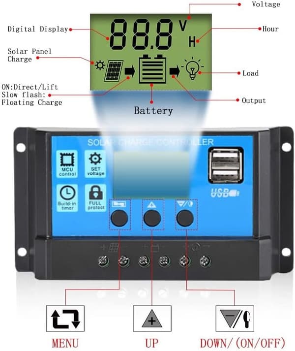 30A solcellsladdningsregulator, 12V/24V solpanel laddningsregulator, timerinställning PWM automatisk parameter