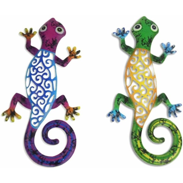 Set med 2, Metal Gecko Art Lizard väggdekorationer för trädgård, staket, trädgård, hem, utomhus väggskulpturer, 12,2 x 5,9 tum