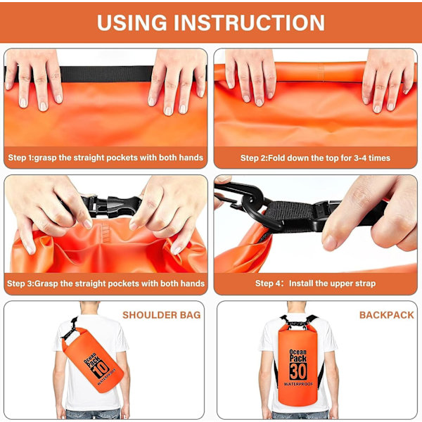 Vattentät torrsäck, 20L PVC torrsäcksryggsäck 100 % vattentät väska med justerbar dubbel axelrem (orange)