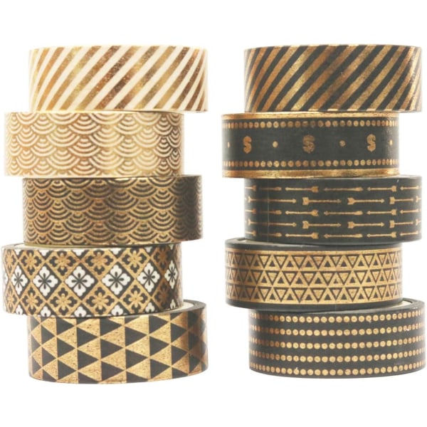 Tejper, 10 rullar/set svart guld folie Washi tejp set papper festival DIY scrapbooking
