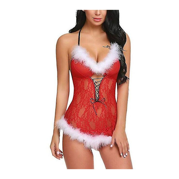 Kvinnors julstrumpeband underkläder, spetsband rep babydoll negligé (röd, XL) xl