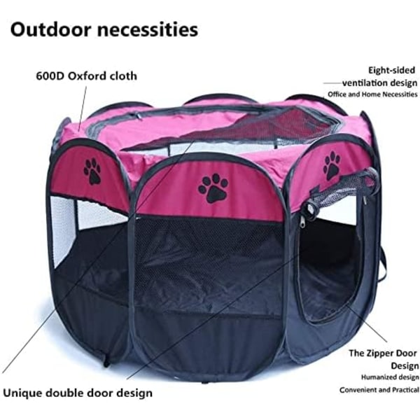 PET bärbar hopfällbar lekhage för husdjur, Kennel/Premium 600D Oxford-tyg, avtagbar dragkedja (rosa)