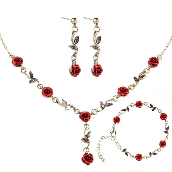 3st Set Red Rose Smycken - Rose Flower Pendant Halsband, Armband Dingle Örhängen Armband Flower