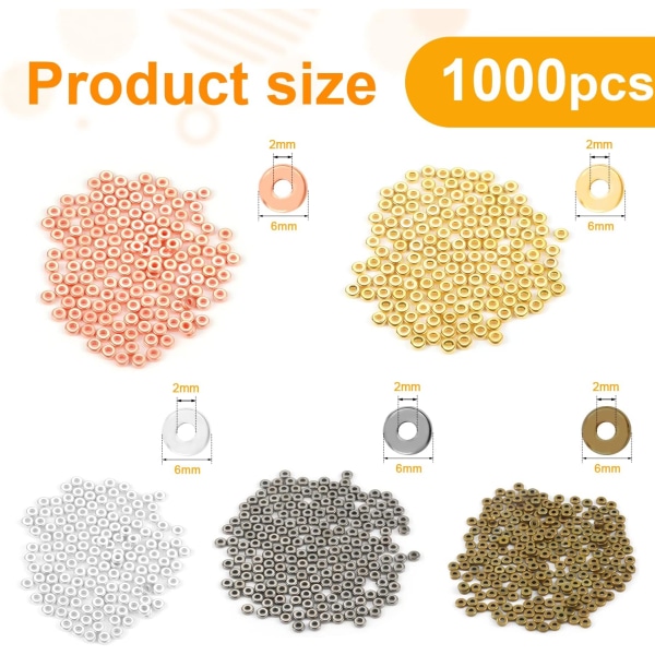 1000 st platta pärlor mellanrum för smycken, 6 mm metallskiva platta pärlor löst mellanrum (5 färger)