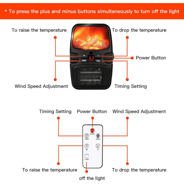 Mini elektrisk fläktvärmare 1000W elektrisk flamvärmare med timer överhettning och tippskydd