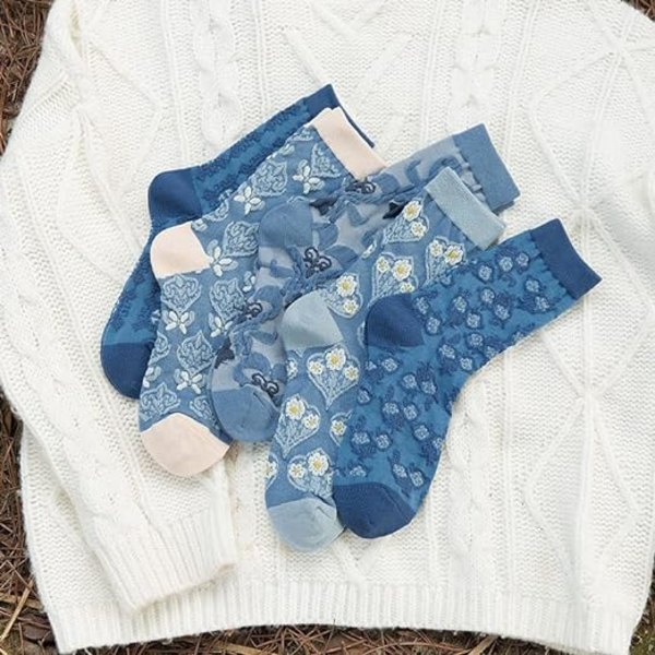 Vintage broderade blommiga strumpor för kvinnor kammade bomullstrumpor