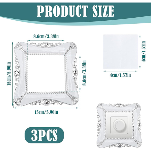Ljusströmbrytare Surround Vit, 3 st Silver Ljusströmbrytare Omslag Fyrkantig Akryl Uttag Panel Klistermärke Harts (8,6 × 8,6 CM)