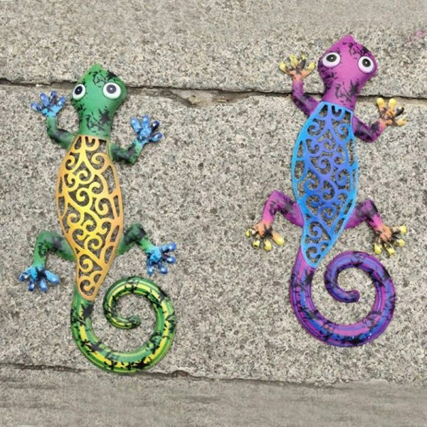 Set med 2, Metal Gecko Art Lizard väggdekorationer för trädgård, staket, trädgård, hem, utomhus väggskulpturer, 12,2 x 5,9 tum