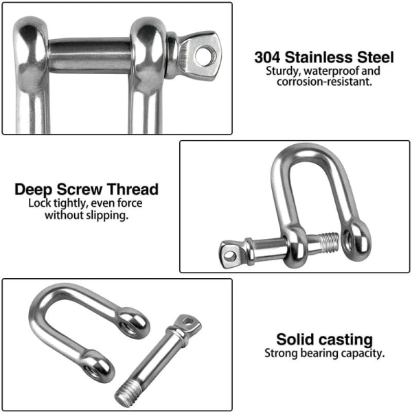 M8 D-ring 4 st rostfritt stål D-shackle bågshackle lyftkedjeshackle med gängad stift passar för verktygsrum